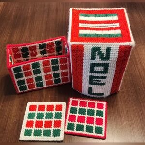 Vintage Christmas Noel Crochet Canvas Tissue Box Cover, Coasters, Napkin Holder